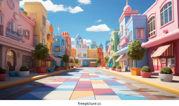 3D Street Scene with Colorful Mismatched Buildings