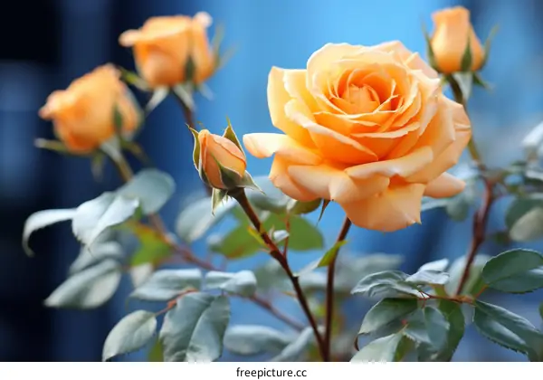 Beautiful orange rose flower with buds on a bush close-up