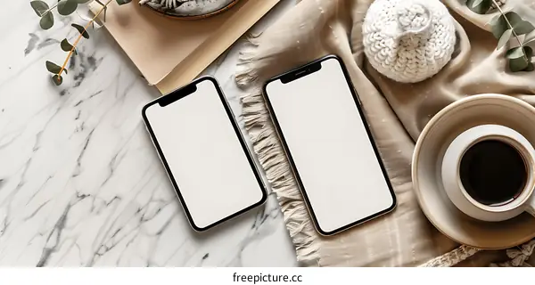 Flat Lay Mockup of Two Smartphones, Coffee Cup and Eucalyptus Branches on Marble Surface
