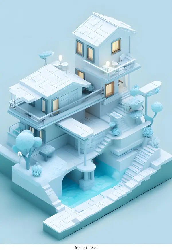 Minimalist Blue House Illustration with Water Stream