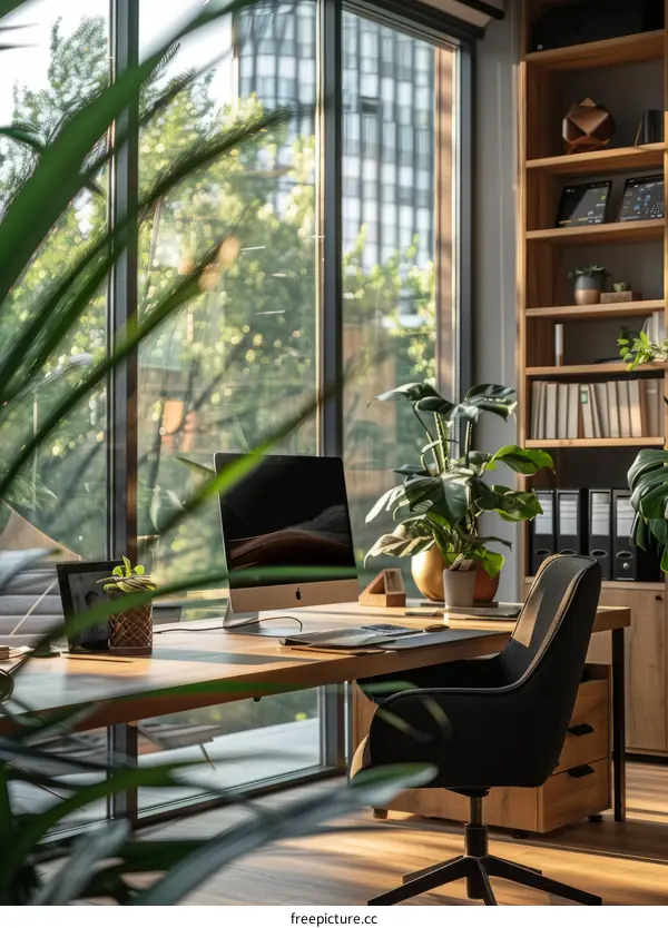 Bright and Inspiring Home Office with Plants and Large Window