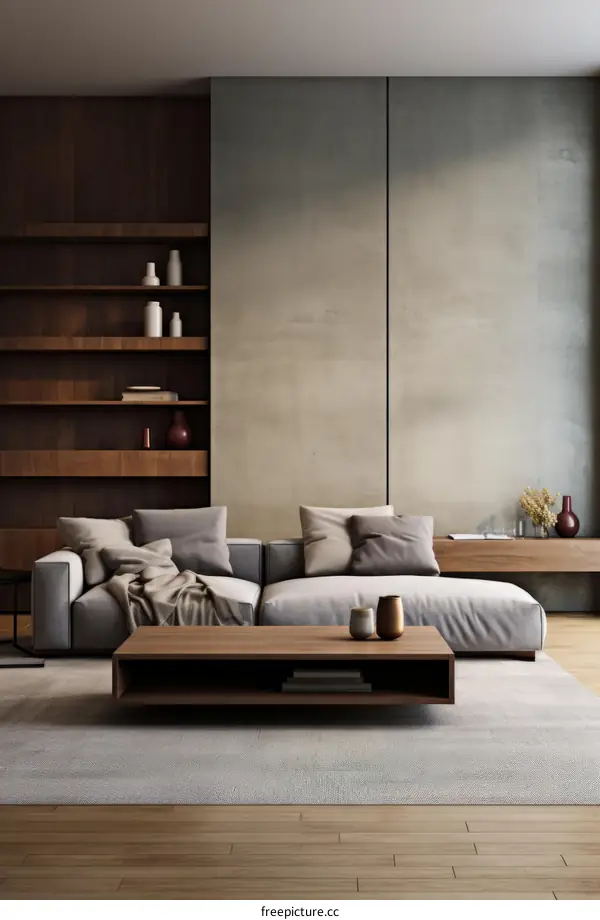 Modern Minimalist Living Room Design: Grey, White & Wood