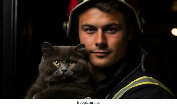 Firefighter抱着宠物猫