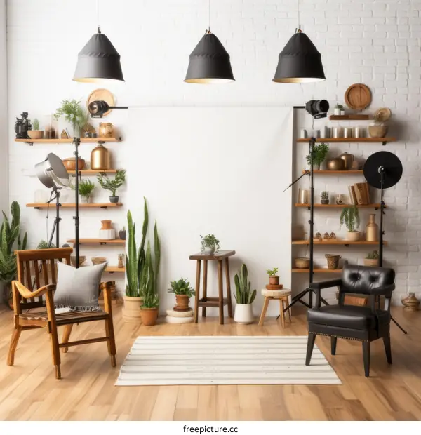 A photo studio with a white background and a variety of props