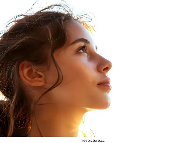 Woman with long brown hair looking up at the sun