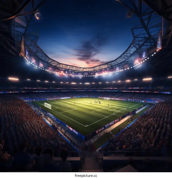 A soccer game is being played in a large stadium with a large crowd of spectators.