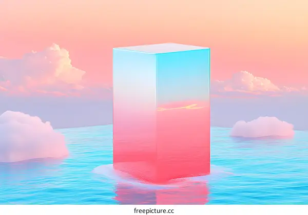 Abstract Pink and Blue Cube Floating in the Sea