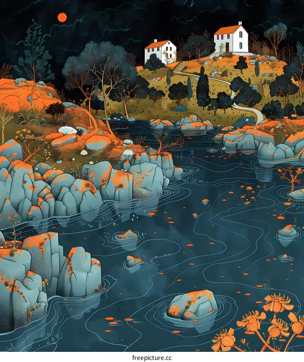 an illustration of a body of water with a rocky shore and two houses on a hill in the background