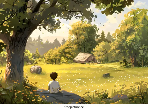 Boy Sitting Under Tree In Forest With Cabin In Background