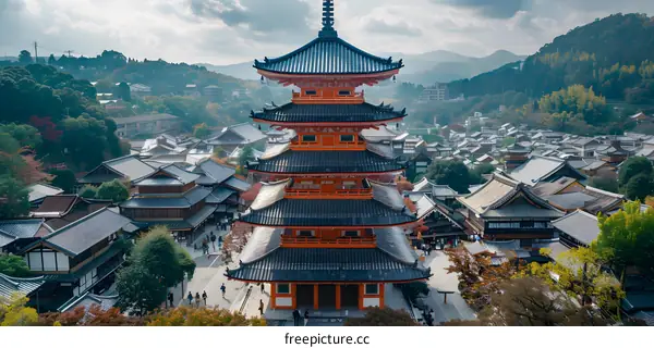 An aerial view of a pagoda in a Japanese city