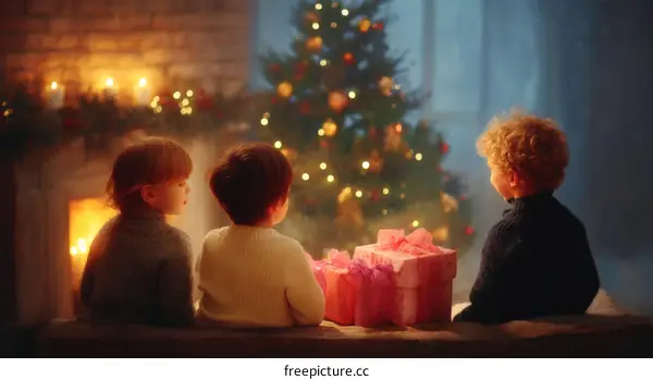 Three Children Waiting for Christmas Presents by the Fireplace