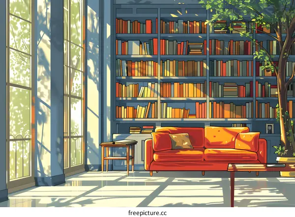 Sunlight shining through a large bay window into a home library with an orange couch and blue walls.