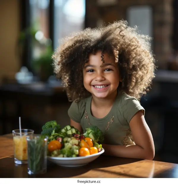 Portrait of a happy little girl with curly hair eating a healthy salad at a table