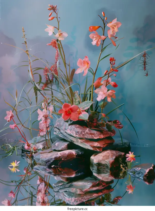 Still life with flowers and rocks by American photographer