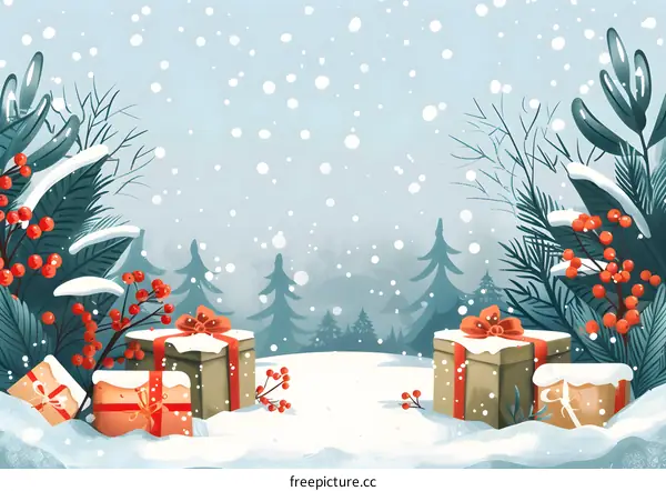 Snowy forest background with presents