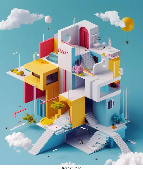 Abstract 3D Illustration of a Colorful House with Floating Elements