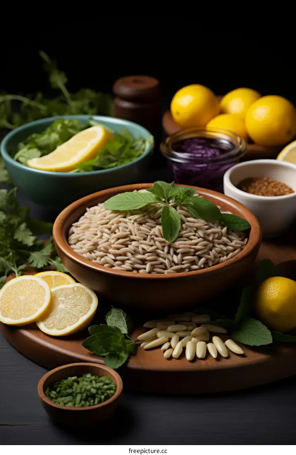 A bowl of brown rice with lemon wedges, herbs, and spices
