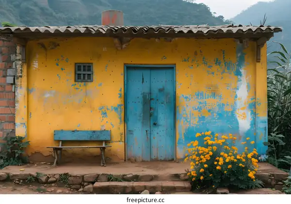 Yellow House with Blue Door and Bench
