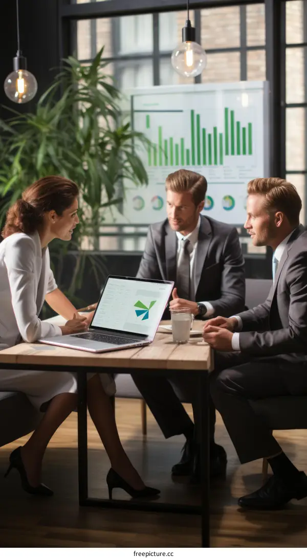 Business meeting discussing financial data and statistics