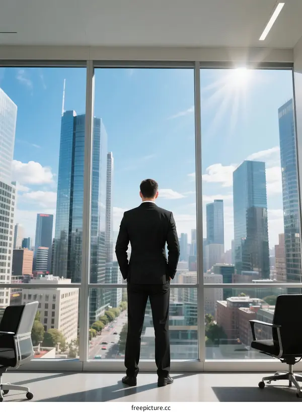 A Businessman Standing in Front of Large Office Window Overlooking Urban Skyline