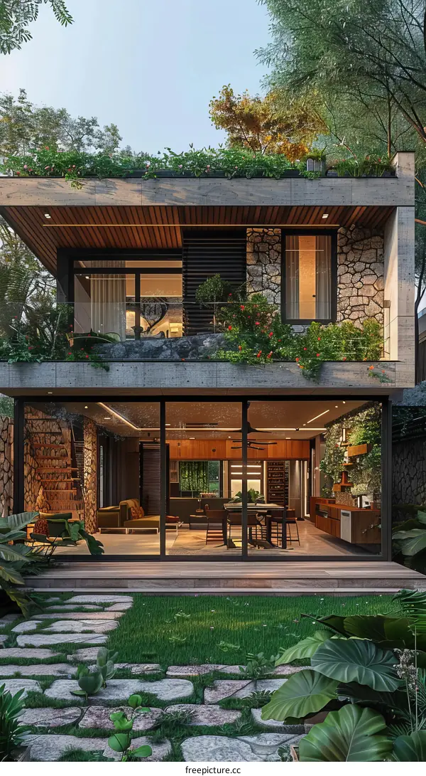 Modern House Exterior with Natural Stone and Wood Elements