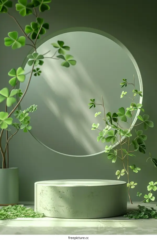 Green plants and sunlight on a podium with a circular backdrop.