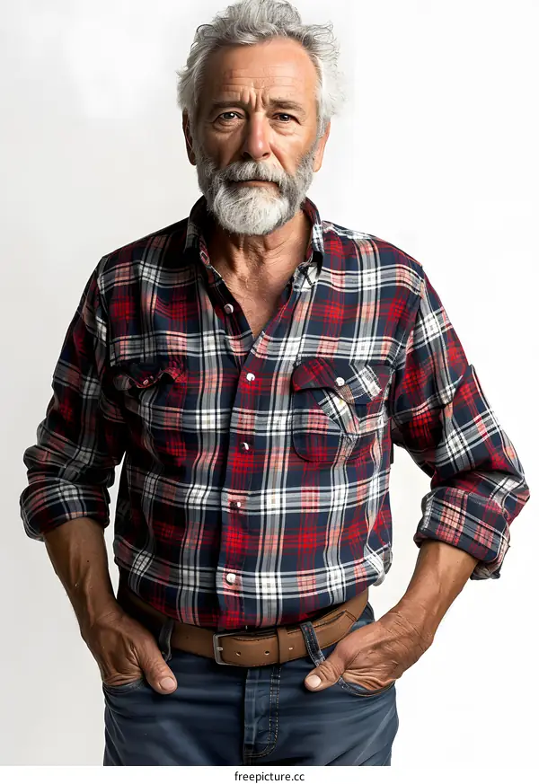 Portrait of a Senior Caucasian Man in a Plaid Shirt