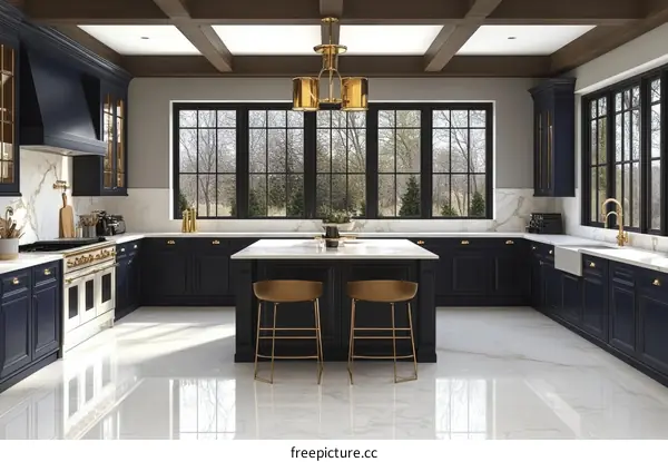 Modern Elegant Dark Blue Kitchen with Marble