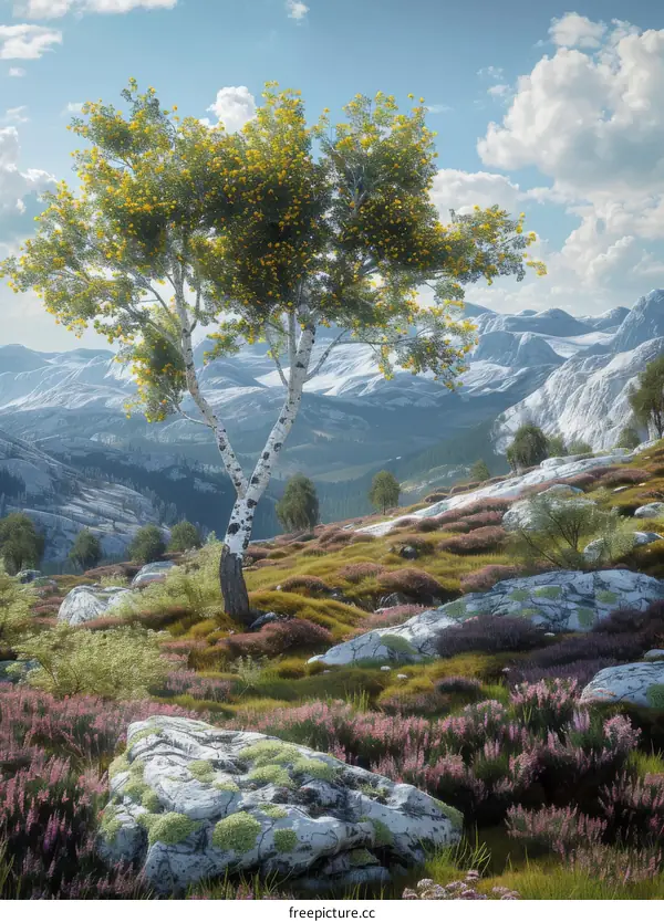 Lonely Tree on Hillside Overlooking Mountain Valley