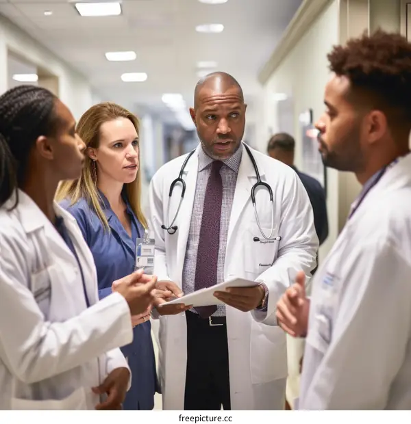 Four healthcare professionals discussing patient care in a hospital hallway