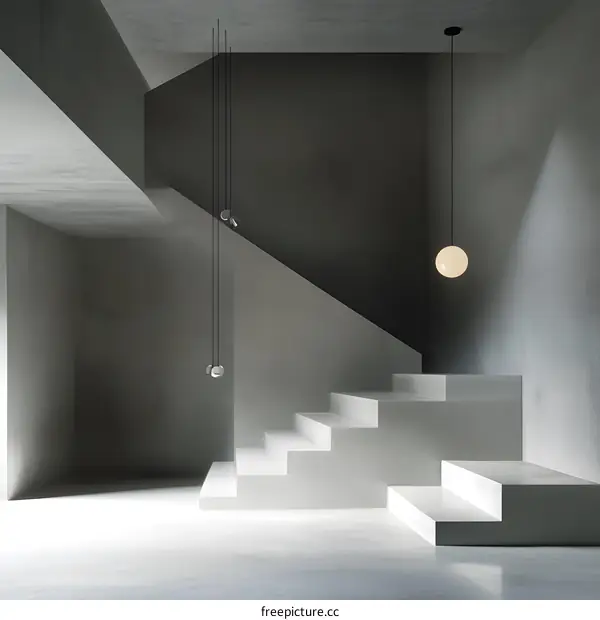 Minimalist White Staircase with Hanging Lights