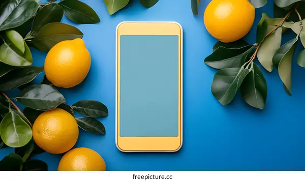 Yellow Smartphone with Green Leaves and Oranges on Blue Background