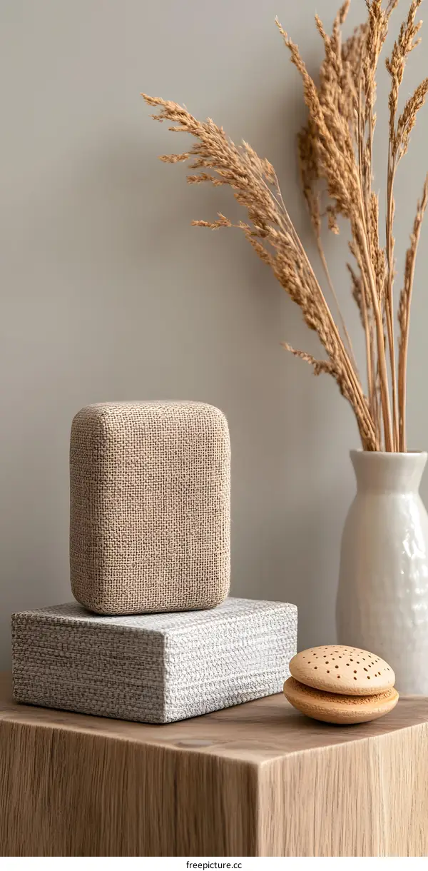 Beige and Brown Fabric Box and Wooden Ornament on Wooden Table with Dried Flowers in Vase
