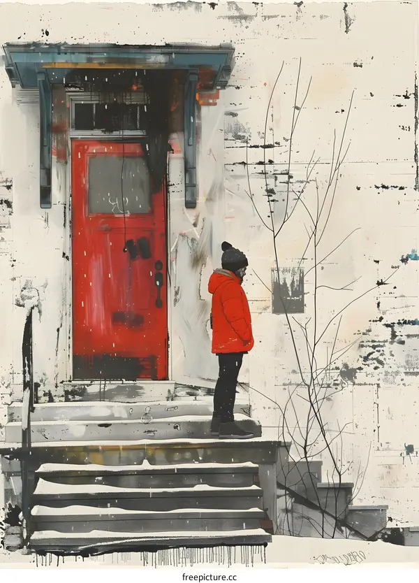 A boy with a red coat standing in front of a red door