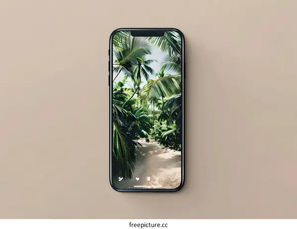 Smartphone displaying a tropical beach photo