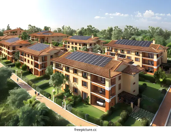 Aerial View of Modern Residential Buildings with Solar Panels
