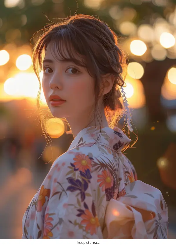 Asian Woman in a Beautiful Kimono at Sunset