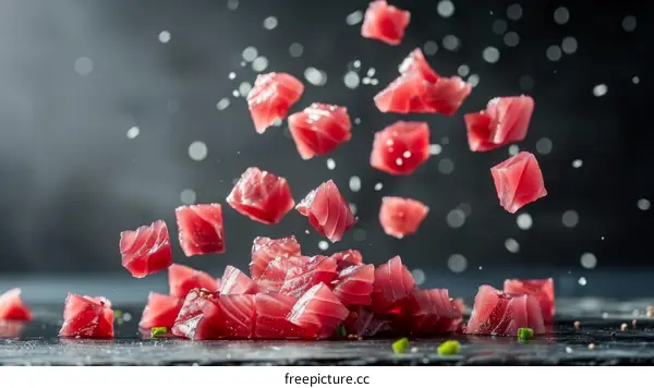 Fresh tuna chunks falling against a dark background