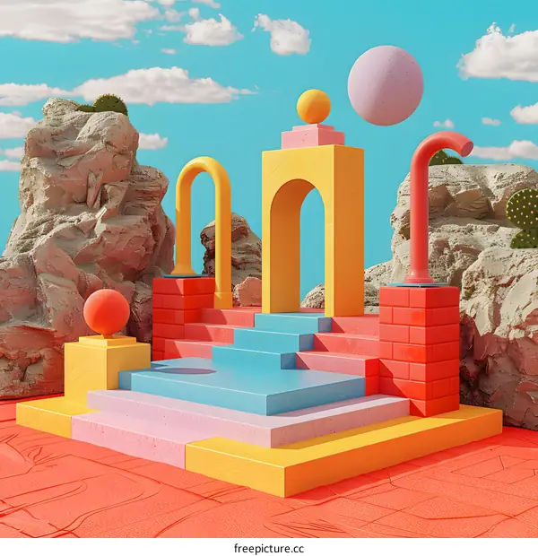 Pink and yellow podium with stairs and rocks