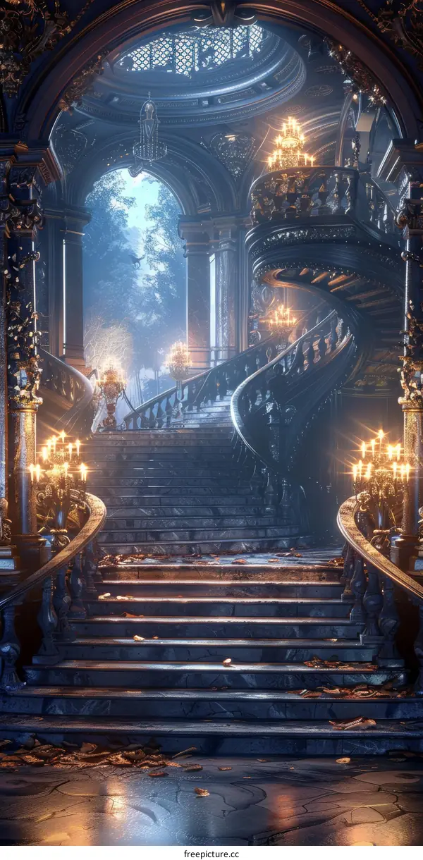 A Grand Staircase in a Dimly Lit Castle