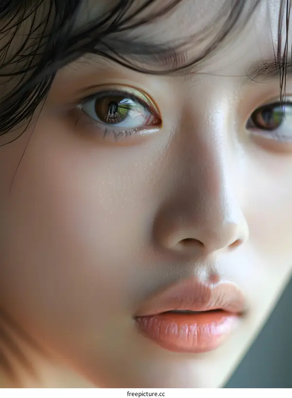 Close Up Portrait of Young Asian Woman With Wet Hair and Brown Eyes