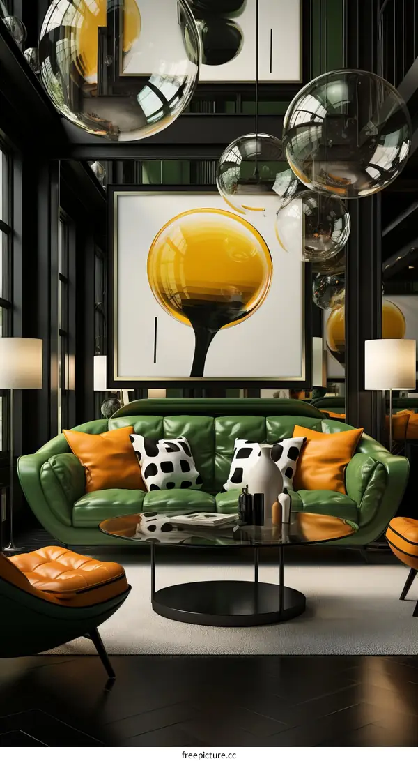 Artistic living room interior with green sofa and orange accents