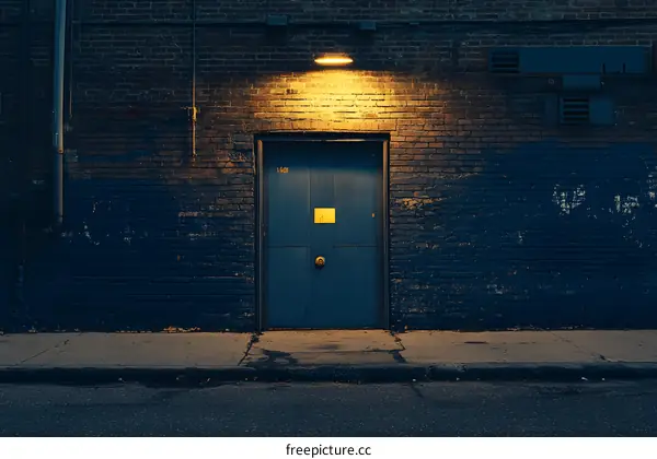 Blue Door in Brick Wall with Streetlight