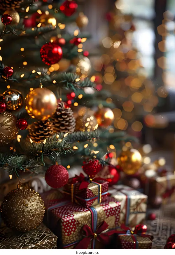 Christmas tree with red and gold ornaments and presents