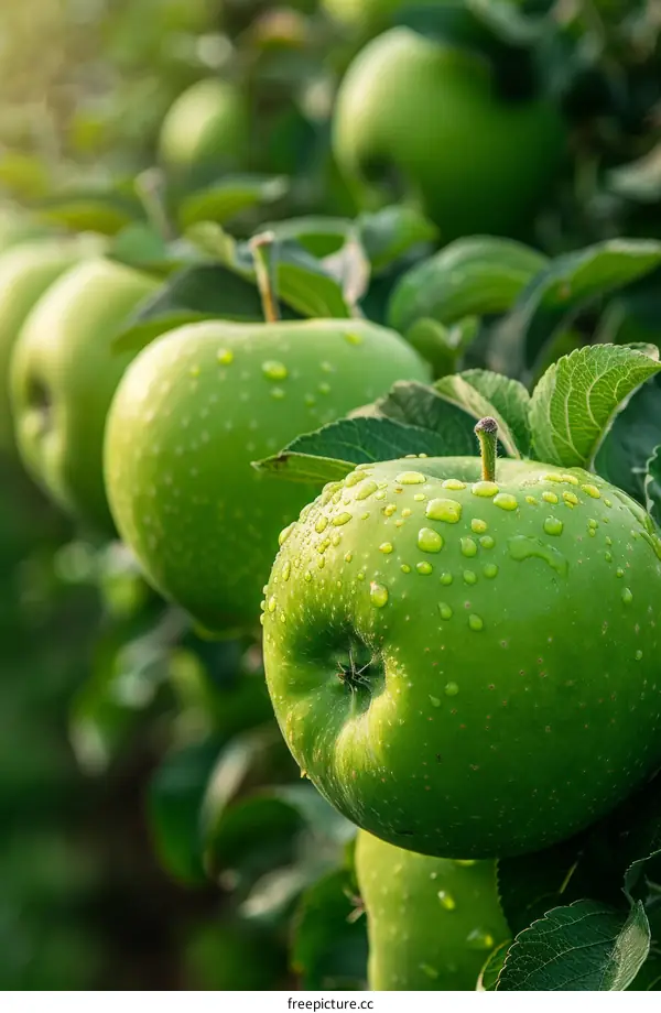 Close-up of Granny Smith apples hanging in an orchard