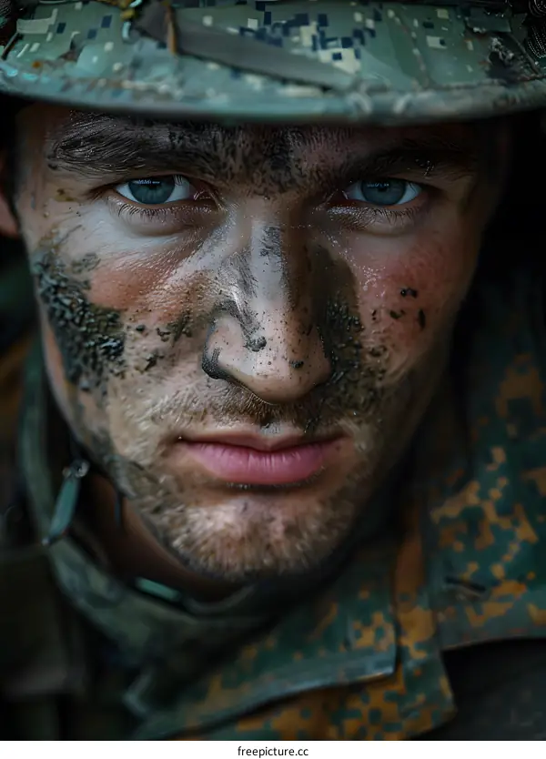 Portrait of a soldier with mud on his face