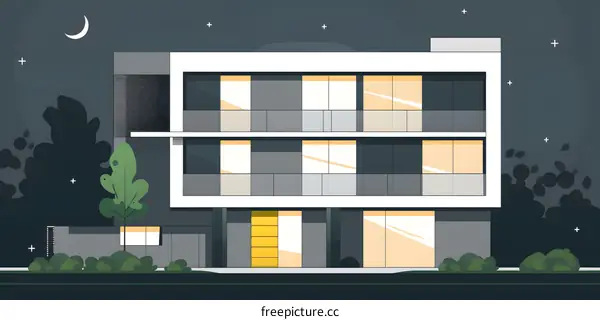Modern House Building with Yellow Door at Night
