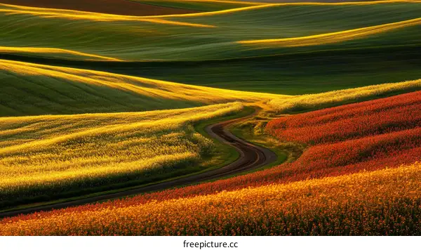 Colorful Fields and Winding Road at Sunrise