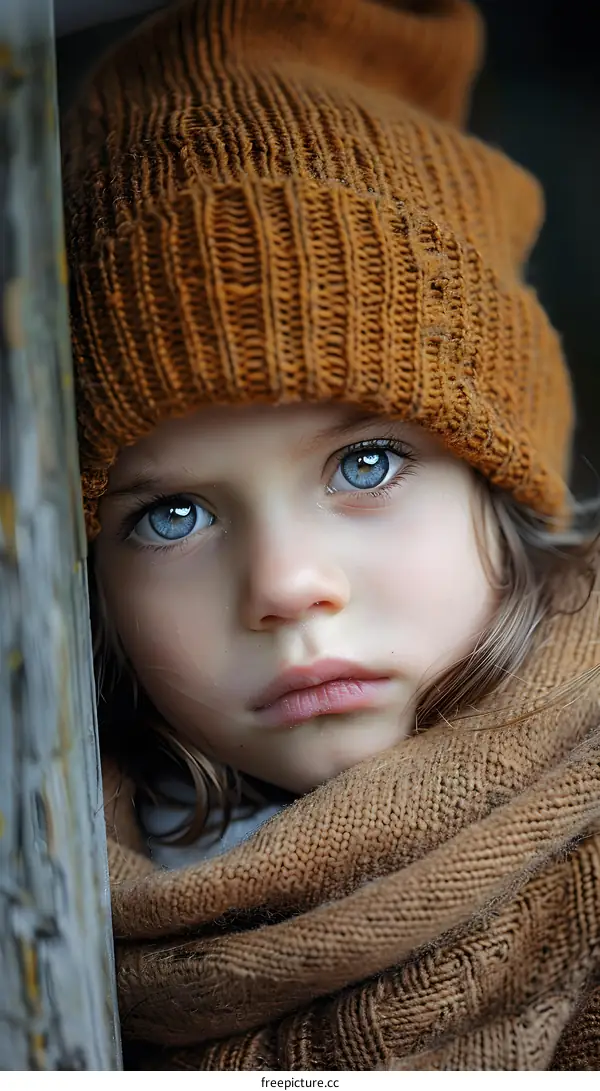 Portrait of a young girl with blue eyes wearing a brown knitted hat and scarf