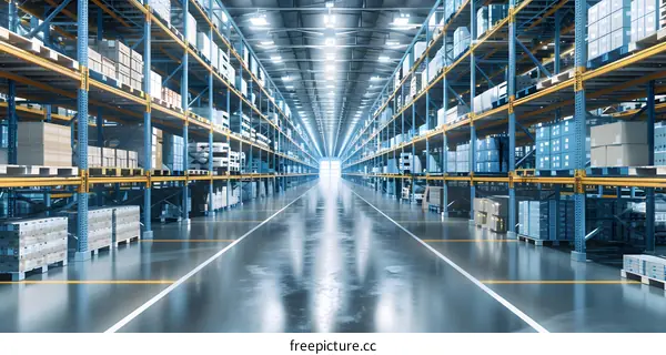 Empty Warehouse Interior With Shelving And Boxes